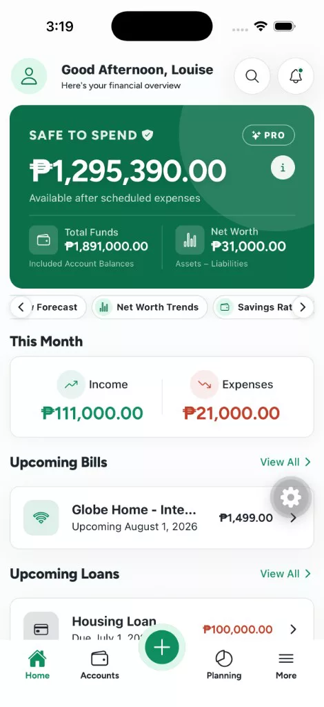 WorthBook Money Manager app dashboard on mobile